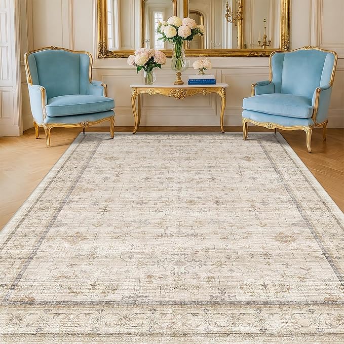 Farmhouse 6x8 Area Rug for Living Room, Beige Cream Large Rug for Bedroom, Dining Room & Home Office, Soft Modern Carpet for Neutral Home Decor, Non-Slip Washable Floor Rug for High-Traffic Areas
