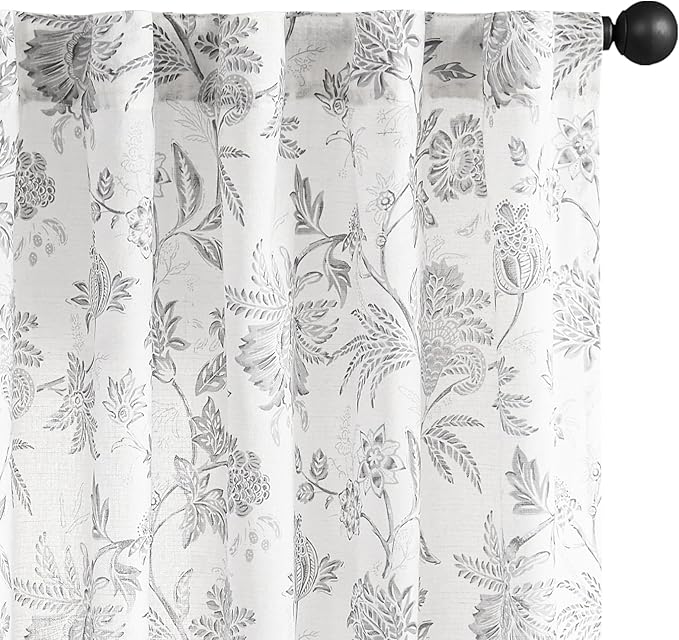 jinchan Linen Floral Curtains for Living Room, 84 Inch Length Curtains with Printed Flower Light Filtering Curtain, Rod Pocket Back Tab Gray Window Curtain Set, 2 Panels Light Grey on White