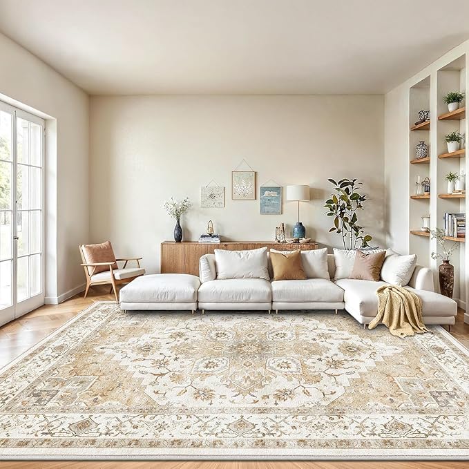 AMADA HOMEFURNISHING 10x14 Washable Area Rug, Low-Profile Large Area Rug with Non-Slip Backing & Durable Edge Binding, Vintage Large Rugs for Living Room, Bedroom & Dinning Room