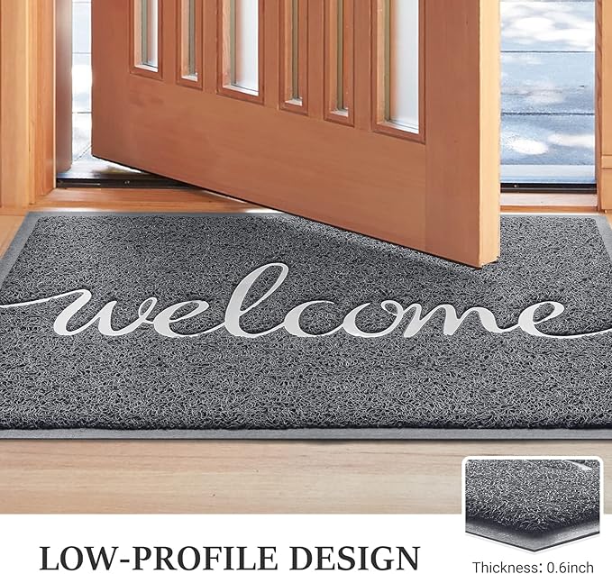 BeneathYourFeet Door Mat, Welcome Mat Low Profile Floor Mat Front Doormat Indoor and Outdoor Doormat Non Slip Rugs for Entryway, Patio, High Traffic Areas (32"x20", Grey-Welcome)