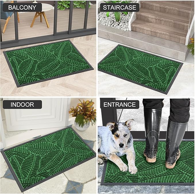 Colorxy Waterproof Doormat, Sturdy Natural Rubber Front Indoor Mat, Non Slip Low Profile Indoor Outdoor Door Mats, Stain and Fade Resistant Floor Mat, Easy Clean Patio Entrance Mat, 36''x24'', Green