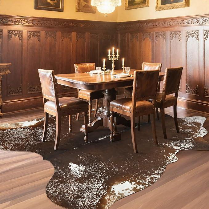 AROGAN Western Decor Faux Fur Cowhide Rug, 4.6×5.2 Feet Premium Animal Skin Cow Hide Rug, Sturdy Cow Print Rugs for Wall Decor, Western Floor Carpet for Bedroom Living Room, Spotted Brown