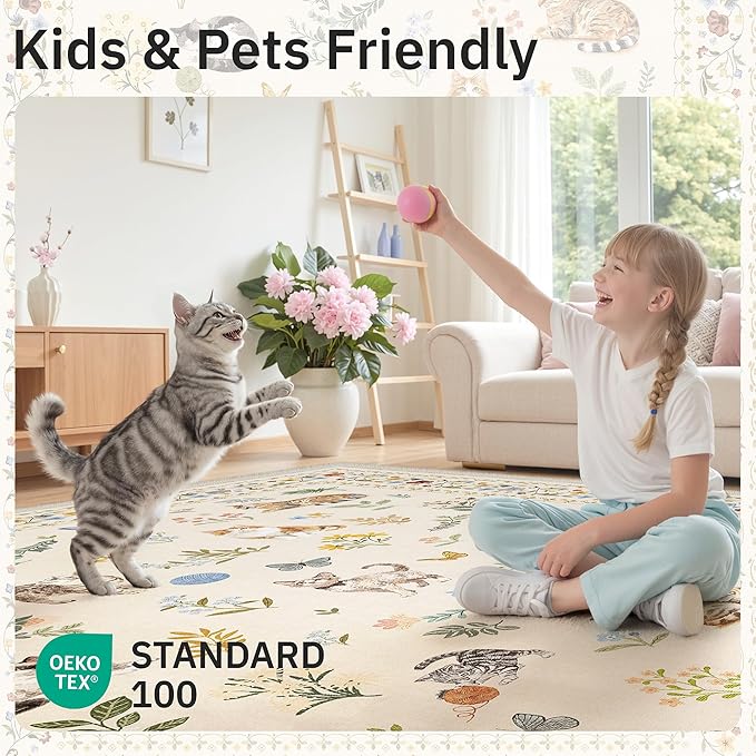 Soalmost Cat 6x9 Area Rugs for Living Room, Machine Washable Animal Floral Vintage Rug Non-Slip Low Pile Soft Throw Rugs for Bedroom Dining Room Kitchen Nursery Playroom (6 x 9,Beige)