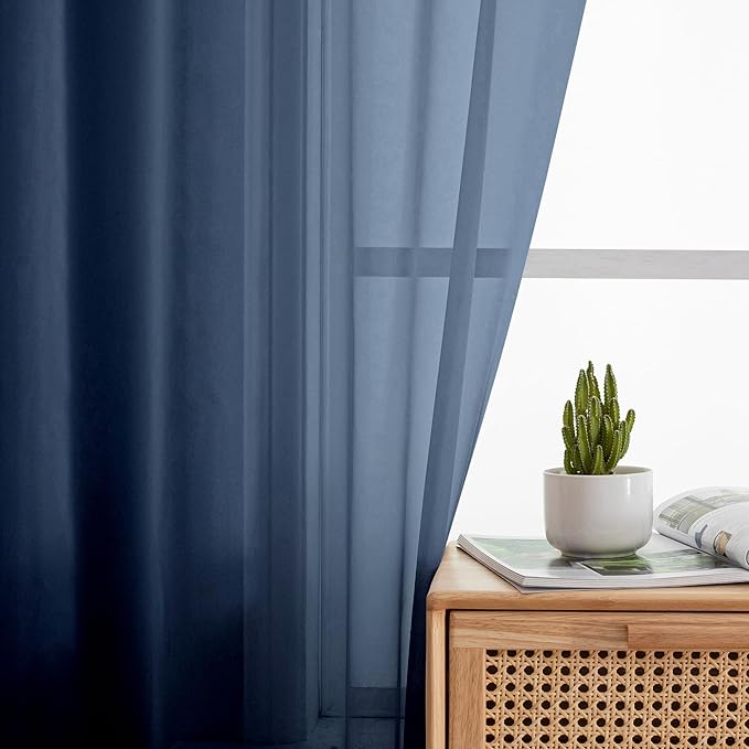 Aiyufeng 2 Piece Dark Blue Extra Long Sheer Curtains 120 Inch Length, Light Filtering Kitchen Curtain for Window, Voile Top Dual Rod Pocket, 2 x 40 W x 120" L