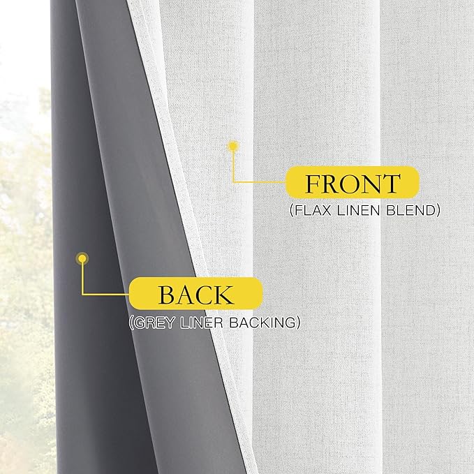 NICETOWN 100% Absolutely Blackout Linen Curtains with Thermal Insulated Grey Liner, Greyish White, 52 inches Wide, 84 inches Length Energy Saving Curtains for Living Room 2 Panels Set, Vertical Blinds