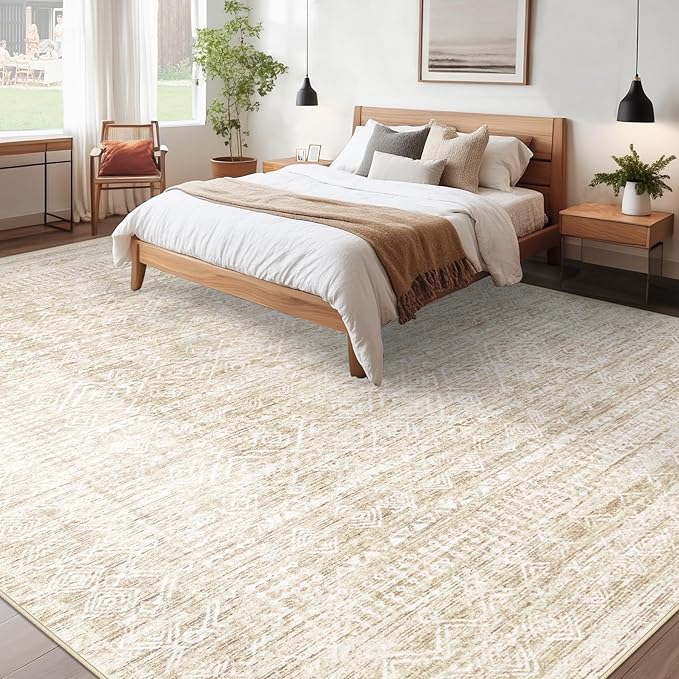 Living Room Rugs 10x14: Washable Moroccan Geometric Boho Rug Farmhouse Non Slip Stain Resistant Large Rug Low Pile Soft Carpet for Bedroom Dining Room Kids Room (Beige,10x14)