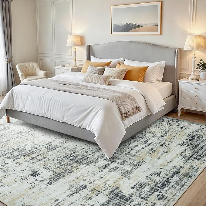 5x7 Area Rugs for Living Room Washable Rug: Anti-Skid Abstract Modern Living Room Rug Soft Thin Carpets Indoor Floor Non-Shedding Carpet for Bedroom Dining Farmhouse Nursery Black Gray Gold
