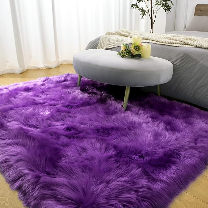LOCHAS Soft Fluffy Faux Fur Rugs for Bedroom Bedside Rug 4x6, Washable Furry Area Rug Carpet for Living Room Dorm Floor, Durable Faux Throw Carpets, Purple