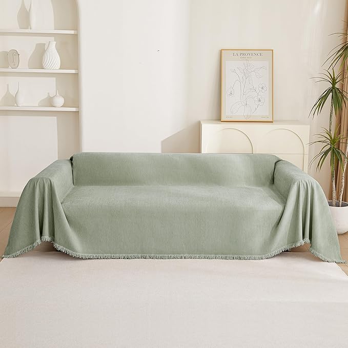 MYSKY HOME Chenille Sofa Slipcovers Sage Green Sofa Covers with Tassel Edge L Shaped Sectional Couch Covers for 3 Cushion Couch, Washable Thick Durable Furniture Protector for Dogs Kids 71"x 134"