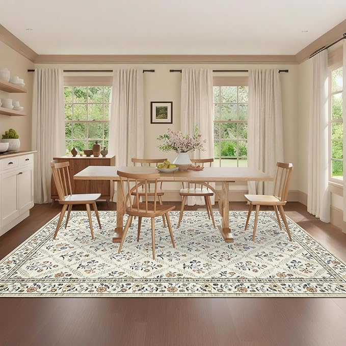 6x9 Machine Washable Area Rugs for Living Room Floral Stain Resistant Soft Carpet Vintage Low Pile Non Slip Non-Shedding Floor Carpet Rugs for Bedroom Nursery Beige