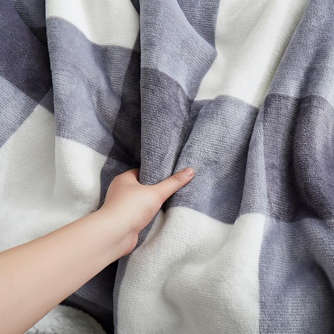 PU MEI Sherpa Blanket Fleece Throw Blanket Full Queen Plaid Thick Bed Blanket, Soft Warm Cozy Grey Checkered Throw Blanket 80"*90"