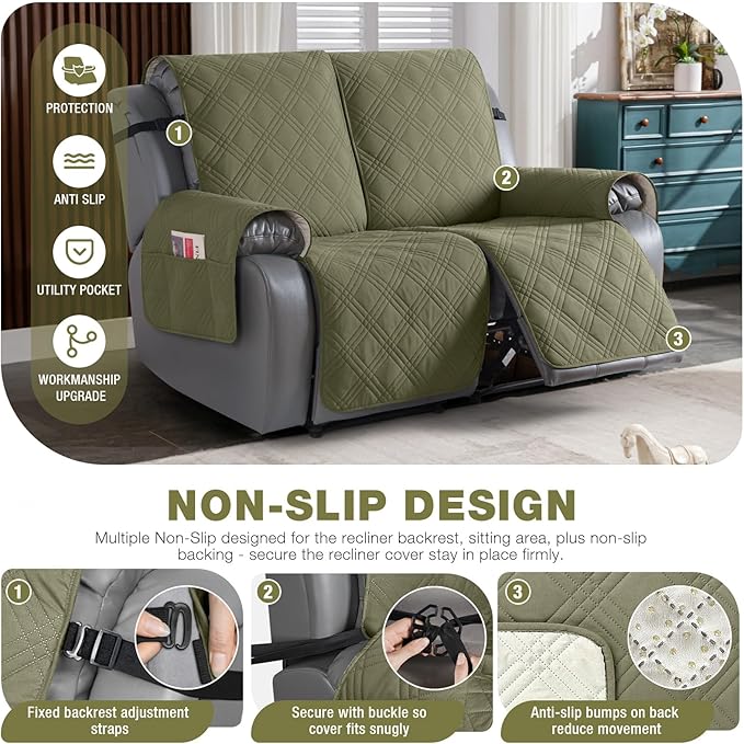 TAOCOCO 100% Waterproof Loveseat Recliner Covers 2 Seater, Split Loveseat Covers for Reclining loveseat, Non Slip Reclining Couch Cover with Double Straps for Kids, Pets(2 Seater, Green)