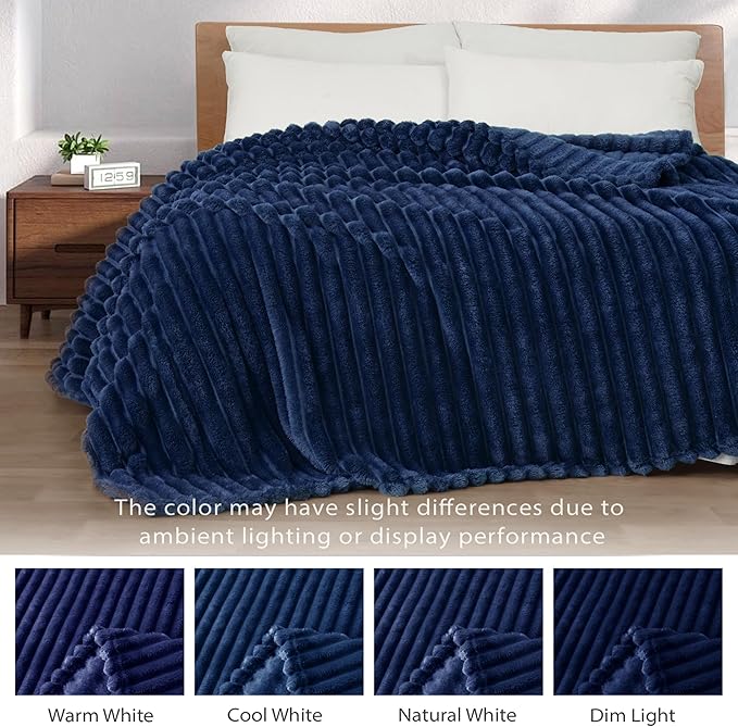 Exclusivo Mezcla King Size Flannel Fleece Blanket, Super Soft Striped Jacquard Bed Blanket, Lightweight Fuzzy Cozy for All Seasons, 90x104 Inches, Navy Blue