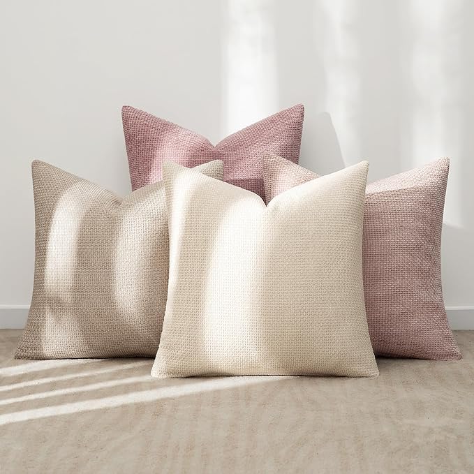 MIULEE Pack of 4 Valentines Couch Throw Pillow Covers 20x20 Inch Neutral Pink Cute Decorative Chenille Pillows Farmhouse Boho Accent Cushion Covers for Coquette Room Spring Decor Sofa Bed Living Room
