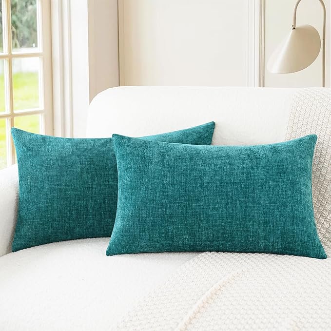 CaliTime Throw Pillow Covers Decorative 12 X 20 Inches Pack of 2 Cozy Chenille Cushion Cases for Couch Sofa Bed Living Room Home Teal