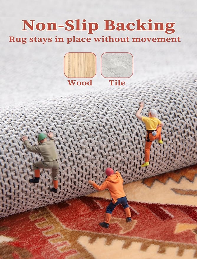 SERISSA Boho Washable Runner Rug, 2x6 Rug Runner Non-Slip Vintage Red Hallway Kitchen Runner Rug Ultra Soft Print Distressed Floor Carpet Runner for Bedroom Bathroom Laundry Living Room