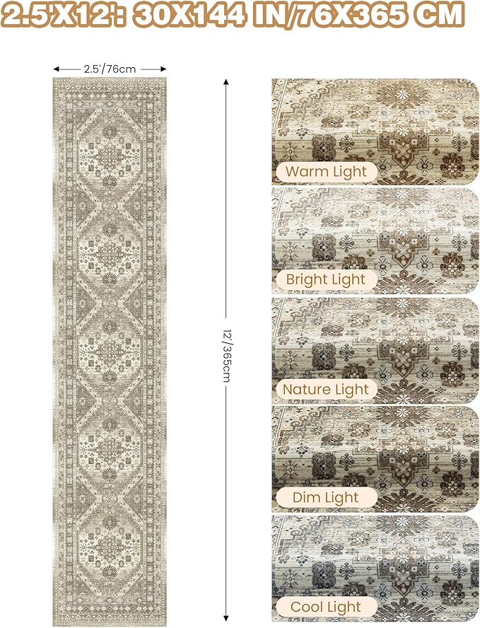 Carpet Runners for Hallway 12ft, Non-Slip Long Bathroom Rugs Runner for Kitchen, Living Room, Bedroom, Soft Vintage Washable Rug for Entryway, Thin Floor Mat for Dining Room(Brown,2.5'x12')