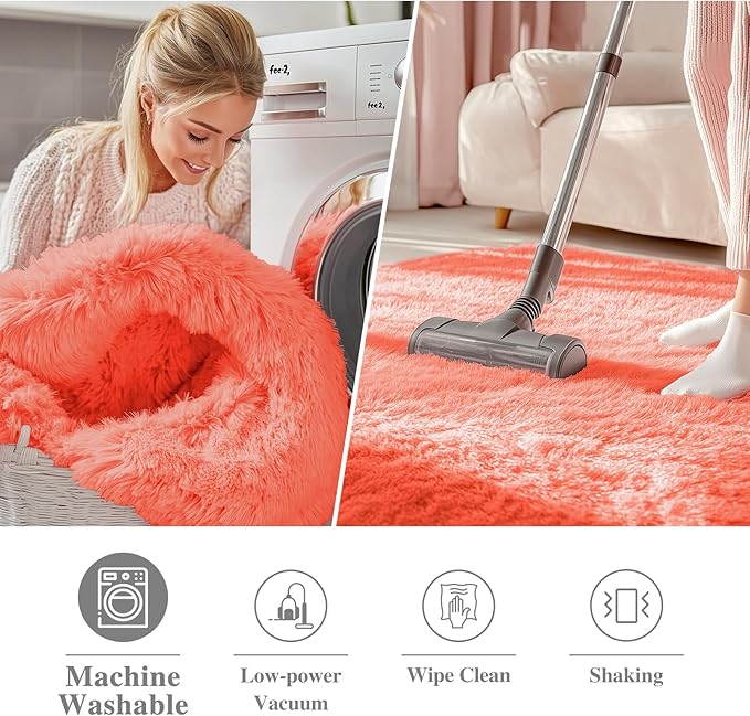 OLANLY Coral Red Round Rugs for Bedroom - Machine Washable, 9 ft Circle Area Rugs for Living Room, Soft and Fluffy Shaggy Carpet for Teen Girl and Boys, Nursery Rooms, Dorms, Home Decor Aesthetic
