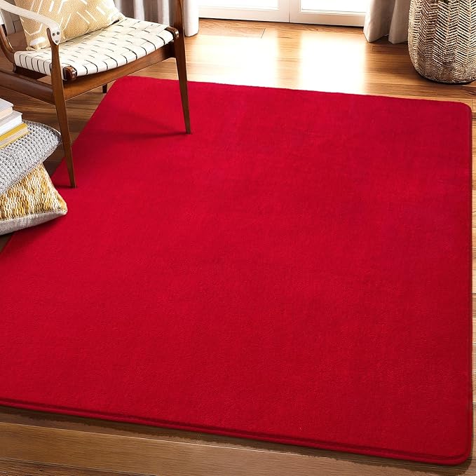 Amearea 4x4 Square Area Rugs for Bedroom Living Room, Modern Red Thickened Memory Foam Rug, Fluffy Indoor Washable Rug Non Slip Minimalist Carpet for Entryway Kids Boys Girls Dorm Nursery Room Decor