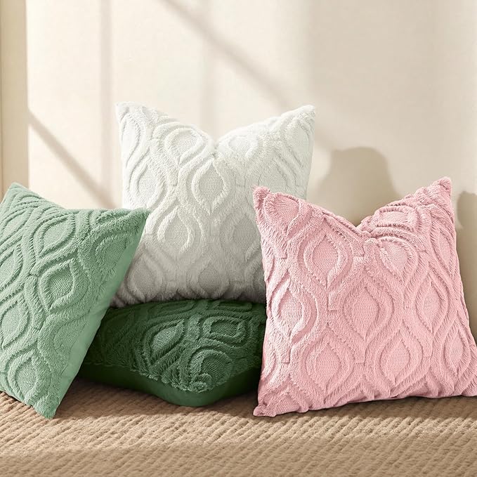 decorUhome Throw Pillow Covers 24x24 Inch Set of 2, Soft Plush Faux WoolSage Green Solid Couch Pillow Covers, Accent Euro Sham Farmhouse Neutral Square Pillow Cases for Sofa Bed Living Room
