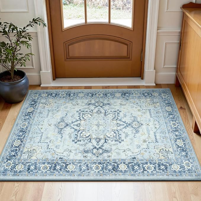 Lofus 2x3 Washable Rug for Entryway Bathroom, Non Slip Kitchen Mats for Floor, Vintage Soft Door Mat Indoor Entrance, Small Area Rugs, Farmhouse Carpet for Entry Living Room Bedroom, Blue Gold