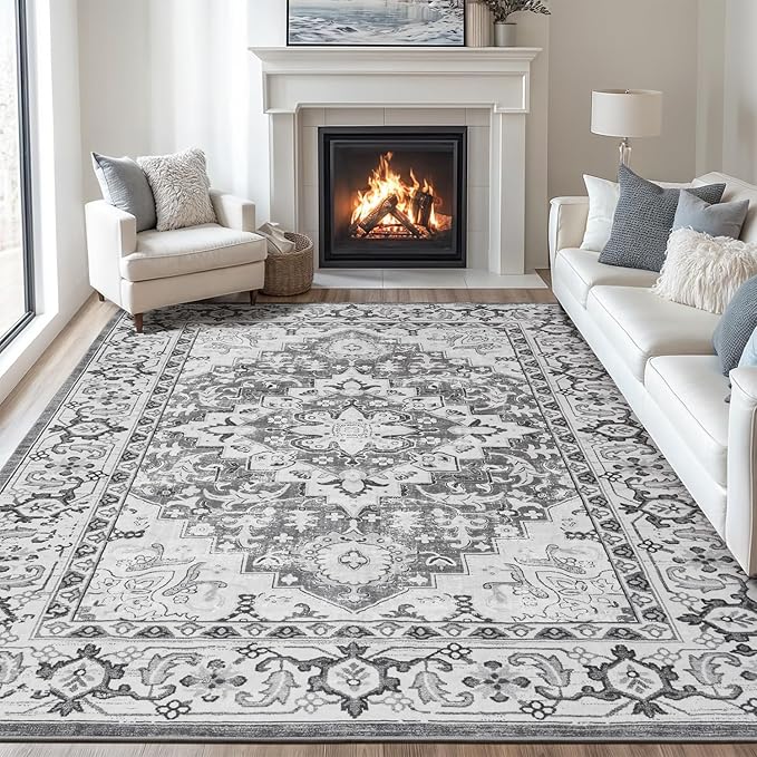 Lofus 9x12 Area Rugs for Living Room, Washable Area Rug, Rugs for Bedroom, Kitchen Rug, Vintage Boho Carpet, Soft Non-Slip, Low Pile Large Area Rug for Office Dining Room, Floral Grey