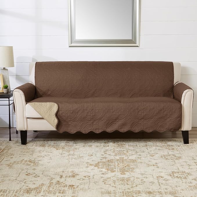 Great Bay Home Reversible Sofa Cover - Washable Slipcover Furniture Protector with Elastic Straps - Perfect for Kids & Pets - Quilted & Stitched Detail (Chocolate/Taupe)