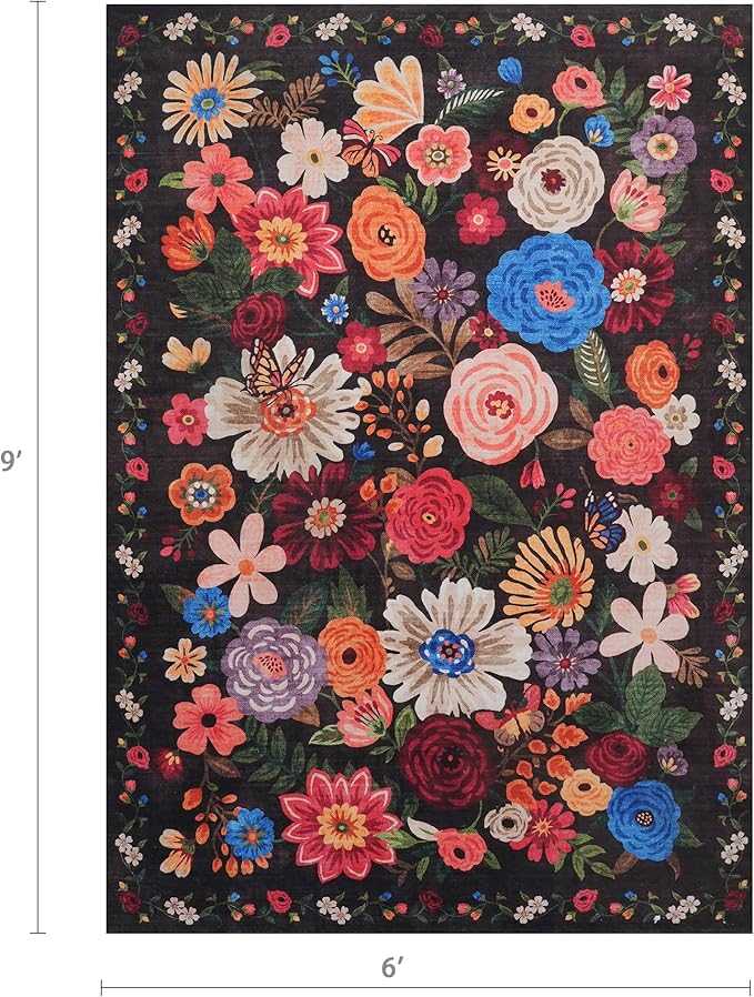 Floral Washable 6x9 Area Rugs, Soft Black/Brown Bedroom Rug for Living Room Ultra-Thin Non Slip Dining Room Rug, Stain Resistant Rugs Easy Clean Throw Carpet for Office(6 x 9, Black/Brown)