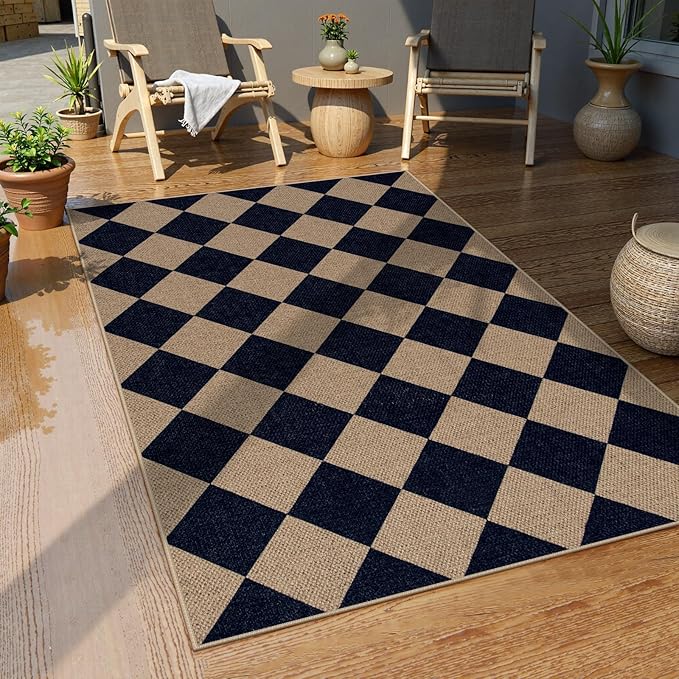 Lahome Colette Checkered Easy Jute Entry Rug, 3x5 Black Outdoor Patio Rug for Living Room Farmhouse Neutral Carpet, Washable Non Slip Indoor Door Mat Diamond Carpet for Front Door Deck Camping