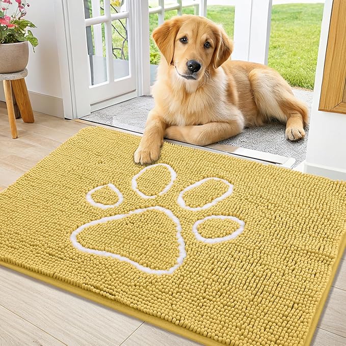 Smiry Dog Door Mat for Muddy Paws, Absorbent Dirt Trapper Non Slip Quick Dry Washable Chenille Mat for Mud Dogs, Entry Rug for Indoor and Outdoor (36x24 Inches, Yellow and White)