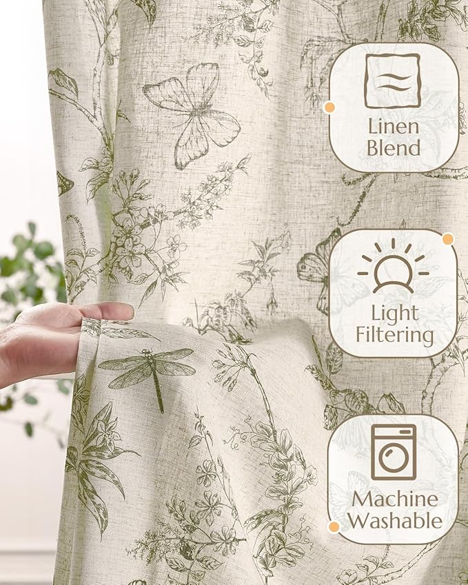 jinchan Floral Linen Curtains for Living Room 63 Inch Length Butterfly Sage Green Floral Curtains French Country Farmhouse Flower Patterned Drapes Window Treatments Set 2 Panels