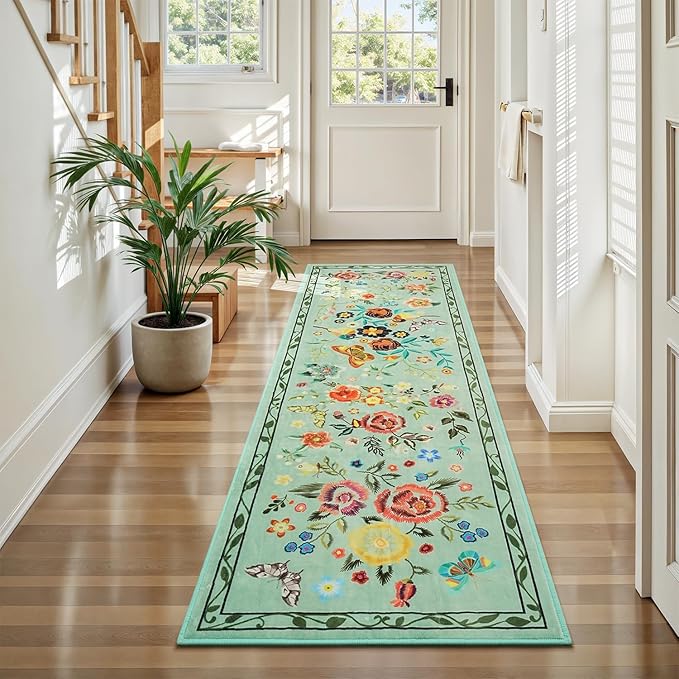 Rugflix 2x6 Runner Rug for Hallway, Washable Kitchen Runner Non Slip, Soft Low Pile Entryway Carpet, Vintage Floral Stain Resistant Long Laundry Room Rugs for Bedroom, Stairs, Green