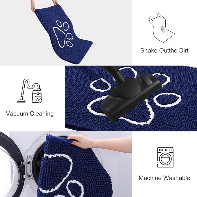 Smiry Dog Door Mat for Muddy Paws, Absorbent Dirt Trapper Non Slip Quick Dry Washable Chenille Mat for Mud Dogs, Entry Rug for Indoor and Outdoor (59x24 Inches, Navy Blue and White)