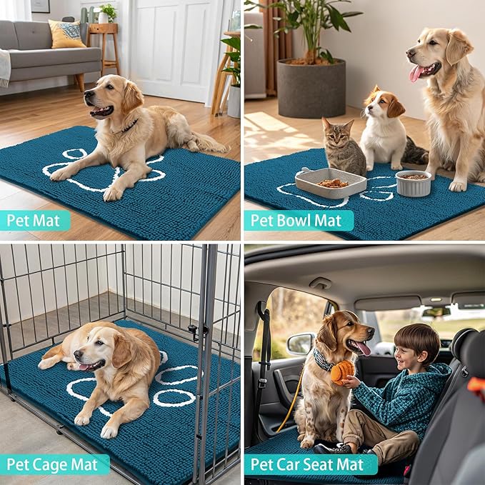 Smiry Dog Door Mat for Muddy Paws, Absorbent Dirt Trapper Non Slip Quick Dry Washable Chenille Mat for Mud Dogs, Entry Rug for Indoor and Outdoor (59x24 Inches, Atlantic Blue and White)