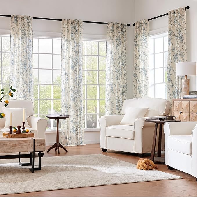 jinchan Linen Floral Curtains 96 Inch Length for Living Room Bedroom Light Filtering Farmhouse Peony Flower Drapes Rustic Window Curtain Set Rod Pocket Back Tab 2 Panels Blue