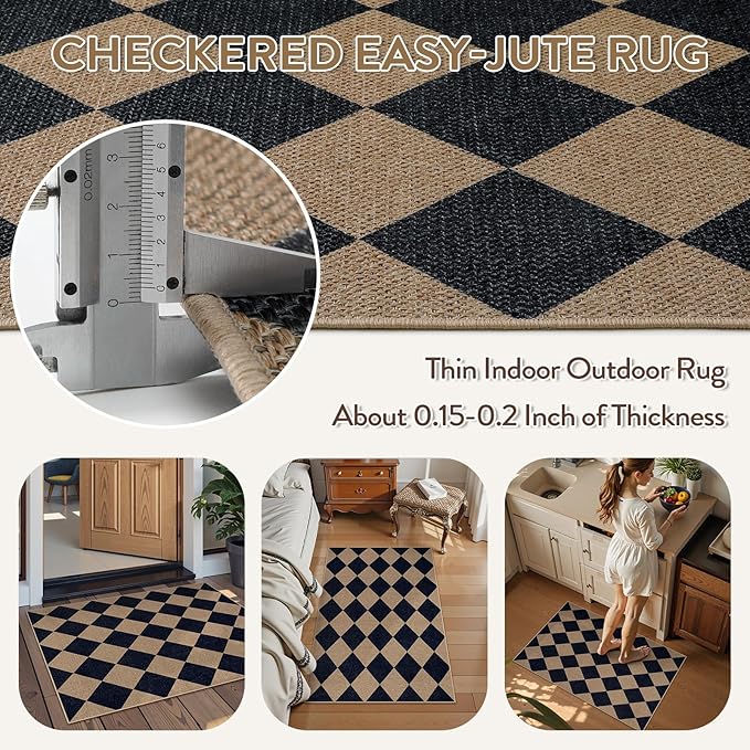 Lahome Colette Checkered Easy Jute Kitchen Rug, 2x3 Indoor Door Mat Small Neutral Area Rug, Farmhouse Diamond Non Slip Non Shedding Lightweight Floor Carpet for Entry Porch