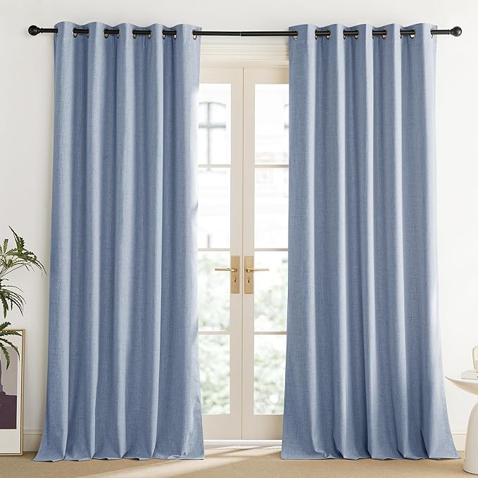 NICETOWN Stone Blue Vintage Linen 100% Blackout Curtains for Living Room, Thermal Insulated Curtains 90" Long, Noise Reducing Window Treatment Drapes for Home Office, 62" Wide Per Panel, Set of 2