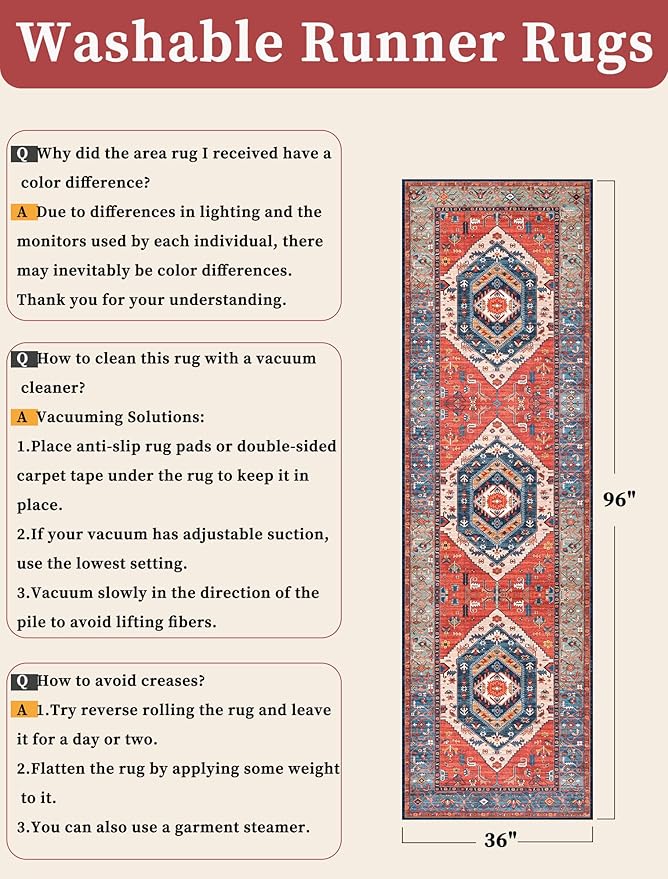 SERISSA Runner Rug for Hallways, 3x8 Washable Non Slip Kitchen Runner Rug, Long Boho Rug Vintage Rust Hallway Stair Ultra Soft Print Floor Carpet for Bedroom Bathroom Laundry Room