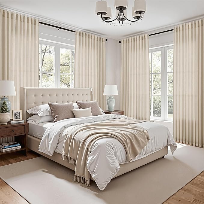 Cream Beige Linen 112 Inch Curtains for Living Room Light Filtering Semi Sheer Curtain Back Tab Modern Farmhouse Decor Elegant Coastal Drapes Floor to Ceiling High Window for Bedroom 52x112, 2 Panels