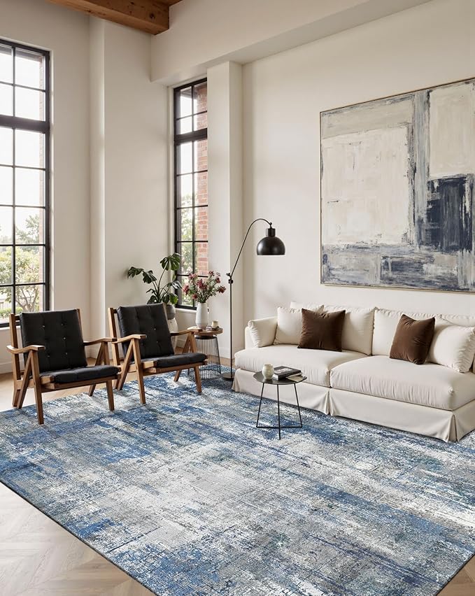 Latte&Fog 6x9 Area Rugs for Living Room Bedroom, Blue Modern Abstract Neutral Washable Rug, Boho Non Slip Low Pile Carpet for Dining Room, Dorm,College Dorm and Farmhouse -Blue Grey