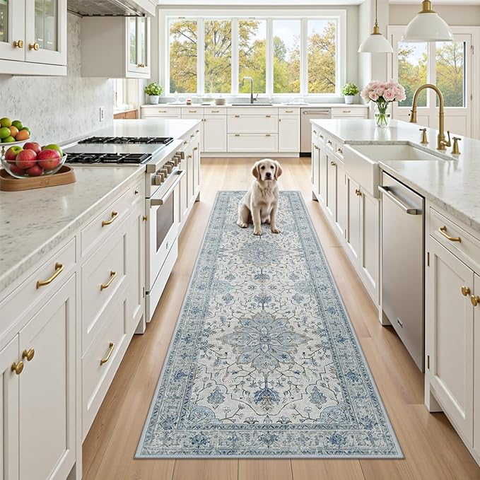 RELEANY Area Rugs 2'x8' Runner Rug Non Slip Washable for Kitchen Hallway Bedroom Beside Laundry Room Bathroom Rug, Floor Carpet, Light Blue Navy Beige Gray White