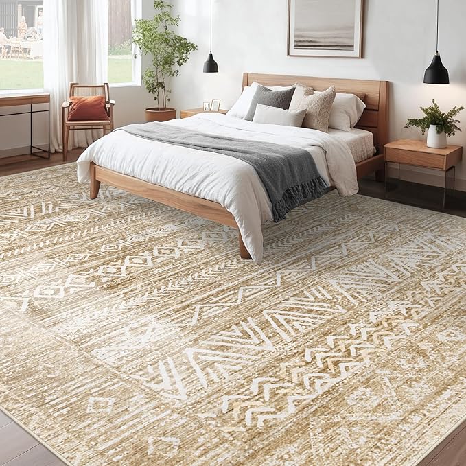Living Room Rugs 9x12: Washable Moroccan Geometric Boho Rug Farmhouse Non Slip Stain Resistant Large Rug Low Pile Soft Carpet for Bedroom Dining Room Kids Room (Light Brown,9'x12')