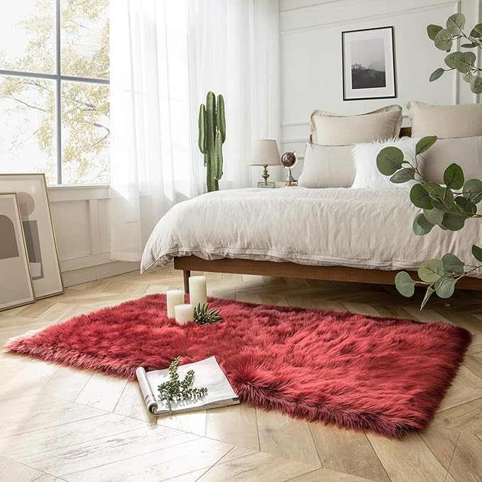 Ashler faux fur rug, Fluffy Shaggy Area Rug Ultra Soft 3 x 5 Feet Rectangle Fur Rug Deep Red Fuzzy Rug Machine Washable Shag Rug, Nursery Decor Throw Rugs for Bedroom, kids room, Living Room
