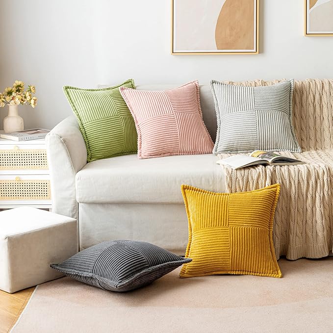 MIULEE Spring Decorative Throw Pillow Covers for Couch Bed Livingroom 18x18 Inch Set of 2 Green Boho Accent Throw Pllows Broadside Striped Patchwork Soft Corduroy Summer Pillowcases
