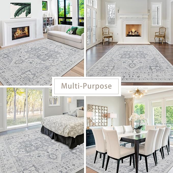 Srugn Area Rugs 5x7 Washable Area Rugs for Living Room- Ultra Soft Non-Shedding Faux Wool Bedroom Rug Grey Vintage Print Rugs Non Slip Dining Room Rugs Large Floor Carpet for Farmhouse Home Office