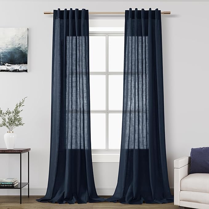 Navy Blue Linen Sheer Curtains 108 Inches Long Back Tab Rod Pocket 2 Panels Semi Sheer Extra Long Curtains Light Filtering Modern Boho Drapes for Living Room Luxury Floor Length Curtain 9Ft 40x108