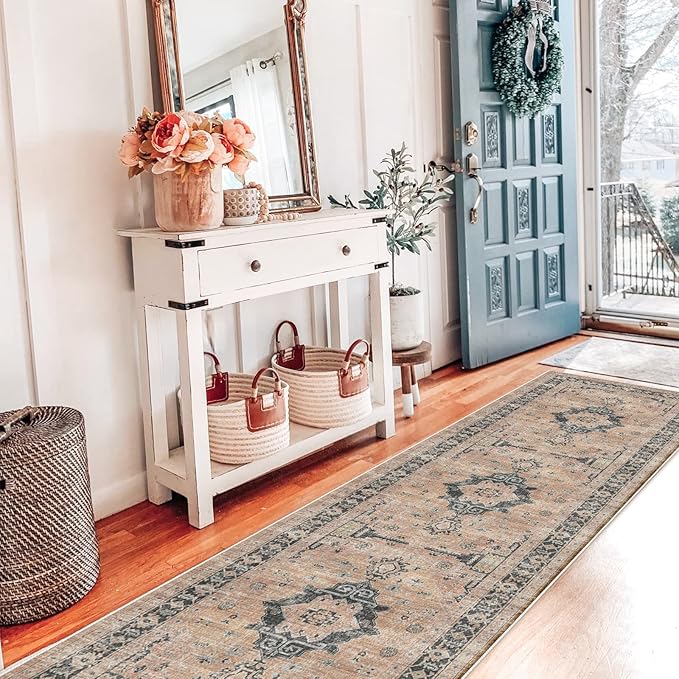 Hallway Washable Runner Rug - 2x7 Kitchen Rugs Entryway Rug Runner Vintage Soft Floor Mat Non Slip Indoor Farmhouse Carpet for Bathroom Living Room Bedroom (2 X 7, Orange)