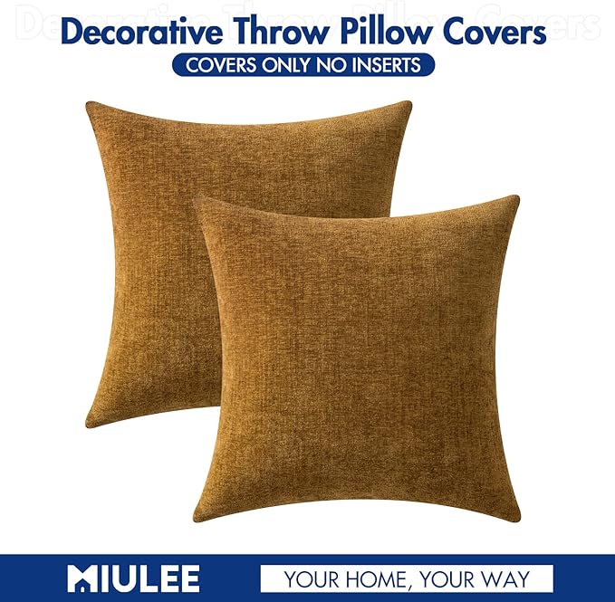 MIULEE Pack of 2 Couch Throw Pillow Covers 20x20 Inch Soft Mustard Chenille Pillow Covers for Sofa Living Room Solid Dyed Pillow Cases