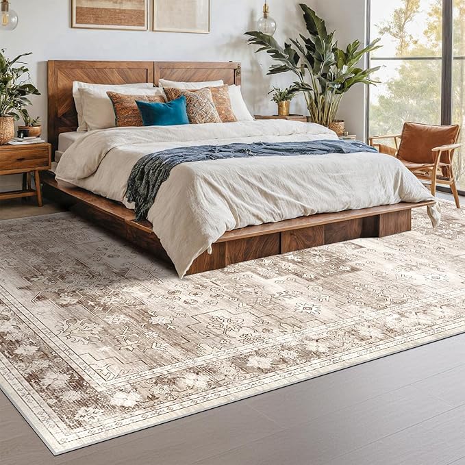 Washable Farmhouse Living Room Rug, 9x12 Area Rugs for Bedroom, Dining Room Under Table Carpet, Kids Room, Large Boho Vintage Non-Slip Floral Rugs Low Pile Stain Resistant (9x12 Beige/Latte)