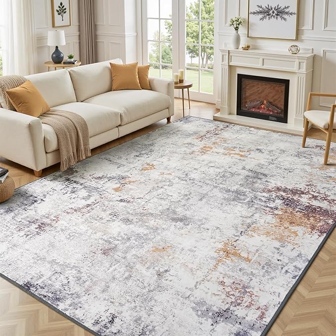 Rugflix 8x10 Area Rugs for Living Room, Washable Large Rug Stain-Resistant Low Pile, Modern Neutral Carpet for Dining Room Home Office Kid Room Nursery Bedroom, Grey Brown